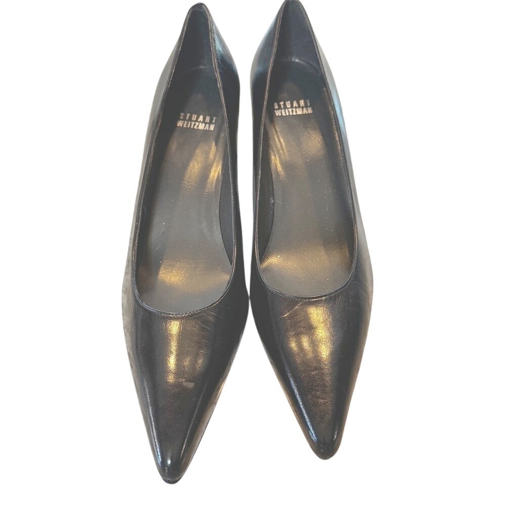 Stuart Weitzman Black Leather Pointed Toe Kitten Heel Pumps Size 9N - Picture 2 of 9